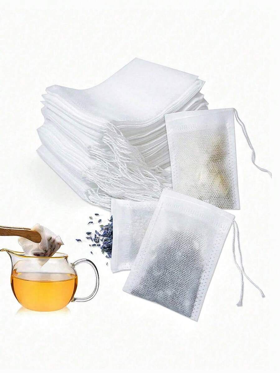 100pcs Multi-Purpose Disposable Non-Woven Drawstring Tea Bag, White Filter Bag, With Drawstring, Easy To Pour And Clean, Suitable For Coffee, Tea, Herbs, Spices, Jewelry Packaging And Gift Bundling