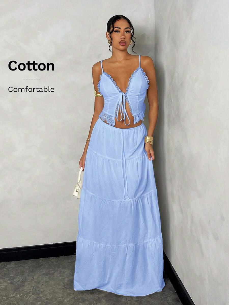 SHEIN BAE Women's Summer Beach Vacation Romantic Date Everyday Wear Sling Lace Splice Tie Top + Low Waist Ruched Holiday A-Line Super Long Dress Linen Fabric Set