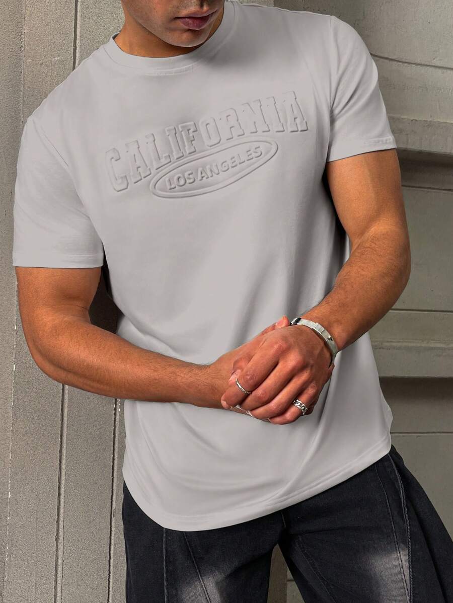 Manfinity Homme Men's Casual Plain Letter Embossed Short Sleeve T-Shirt, Summer Men T Shirts Slim Fit