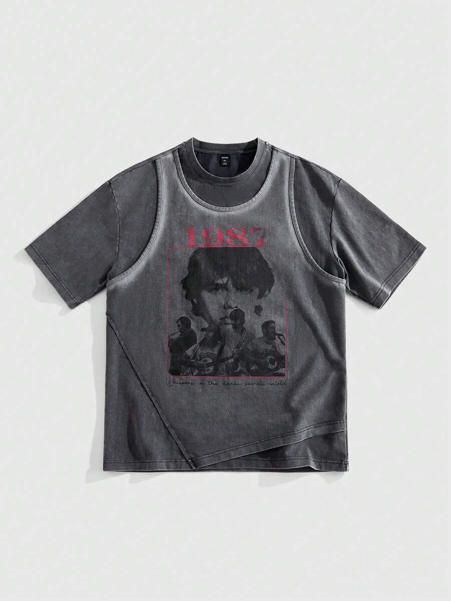 ROMWE MEN Grunge Punk Camiseta de manga corta casual de verano para hombres con estampado de retrato y letras