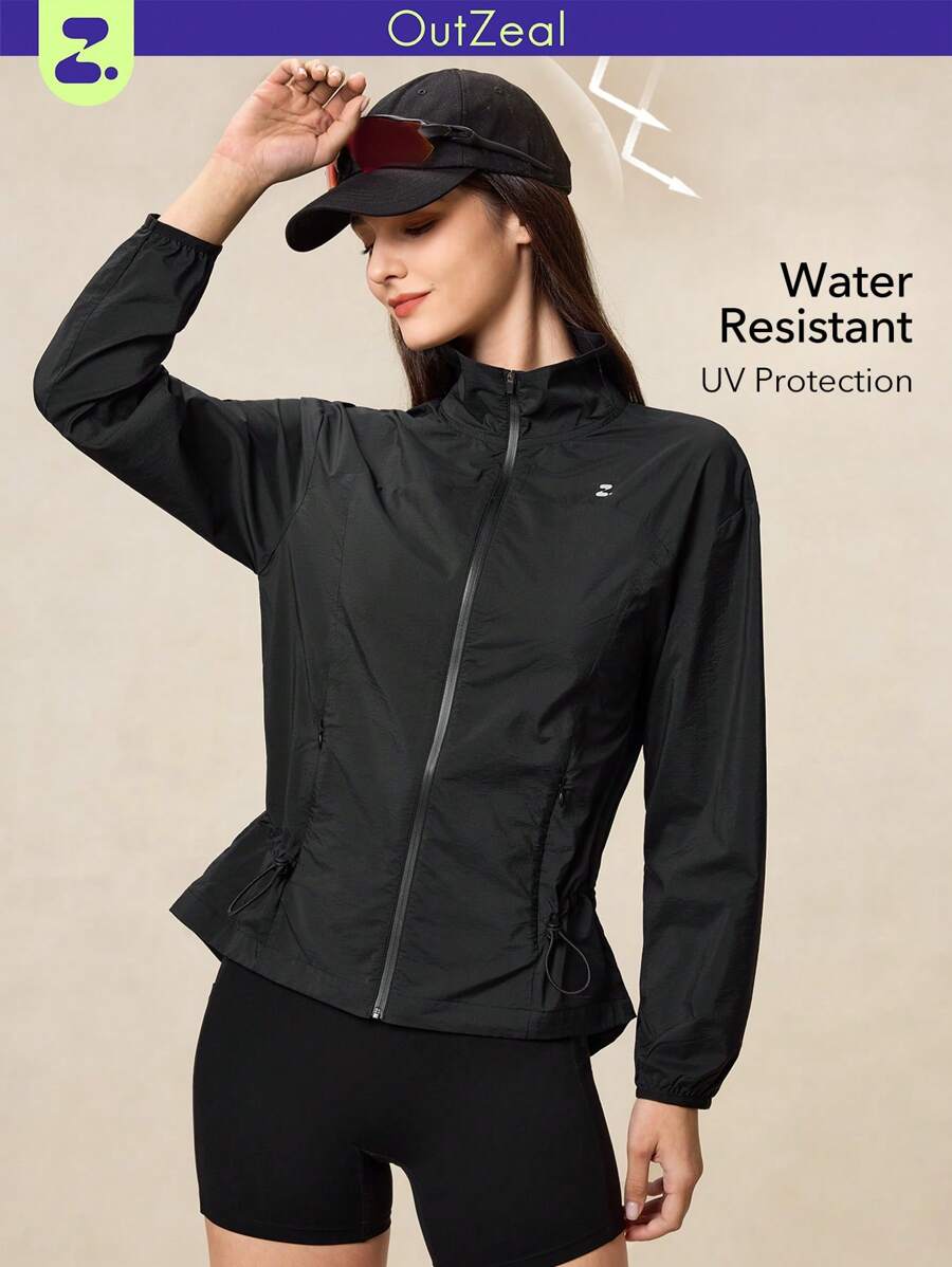 OutZeal WeatherProof-Air Water-Resistant UPF50+ Lightweight Stand Collar Jacket Women For LightRain With Zipper Pockets Athletic Workout Running
