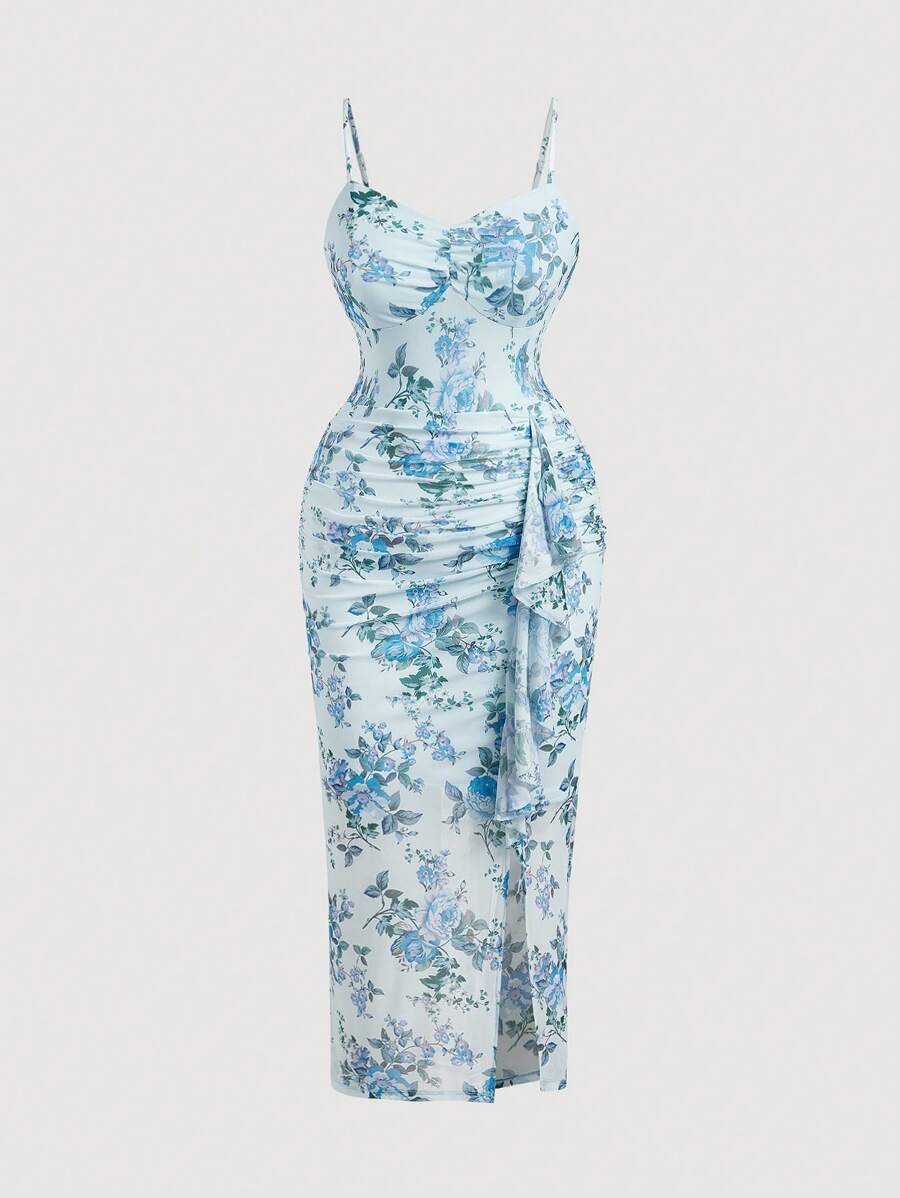 SHEIN MOD Plus Size Women Vintage Floral Print Ruched Slit Midi Dress,Blue Women Dresses,Fairy Dress,Formal Dress,New Year Eve, Party Dress,Holiday Dress, Women Clothes,Party Women Dresses,New Year,Valentine,Corset Dress,Birthday Dresses For Women
