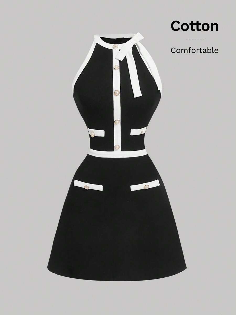 SHEIN MOD Abito con collo rotondo, decorato con fiocco, senza maniche, a blocchi di colori bianco e nero, impreziosito da bottoni