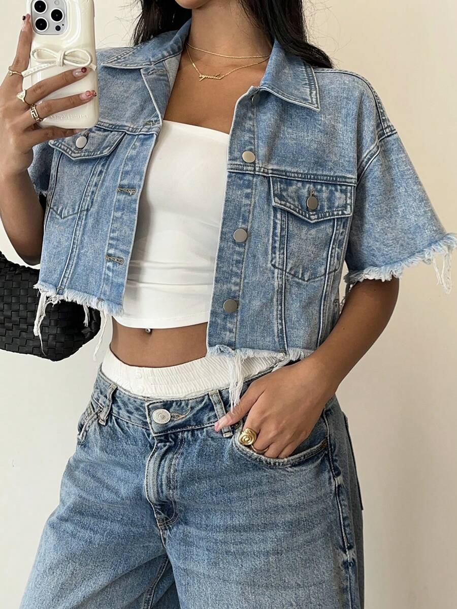 SHEIN EZwear Women's Casual Short Sleeve Cropped Blue Denim Jacket,Blue,Suitable For Parties, Holidays, Dates, Valentine's Day, Afternoon Tea, Summer / Summer Outfits / Summer Clothes,Year-Round,For Spring/Summer Holiday,Suitable For Summer,Blue Summer,Vacation Outfits Woman,Easter,Spring,Western,Office Outfits For Women,Rave Outfits,Baby Shower Dress,Cottagecore,Country Outfits Women, Chic,Dresses For Women Elegant,Beach Dress,Graduation Dress,Vacation Dress,Easter Dress,Sundress