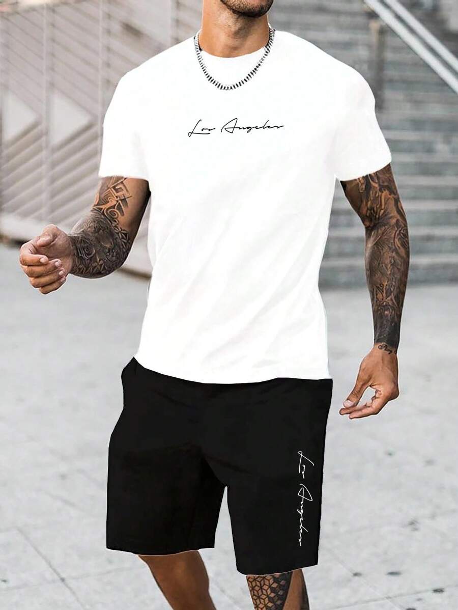 Manfinity Homme Casual Men's Handwritten English Print White T-Shirt Set