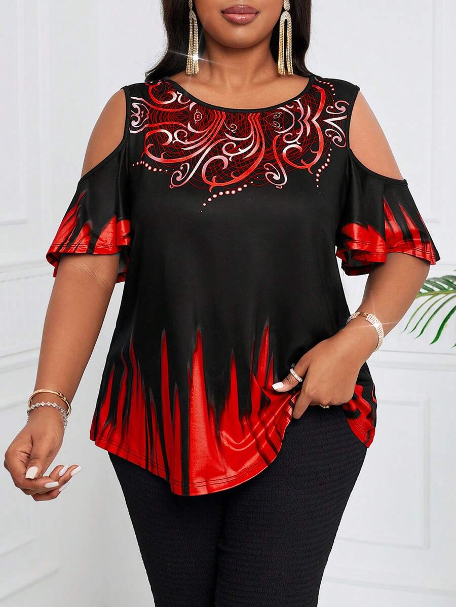 SHEIN Lady Top negro de manga hombro caído con gráfico arcoíris orgulloso para mujeres de talla grande