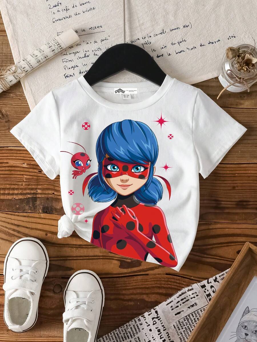 Miraculous Ladybug X SHEIN Young Girl Cartoon Graphic White Round Neck Casual Summer T-Shirt