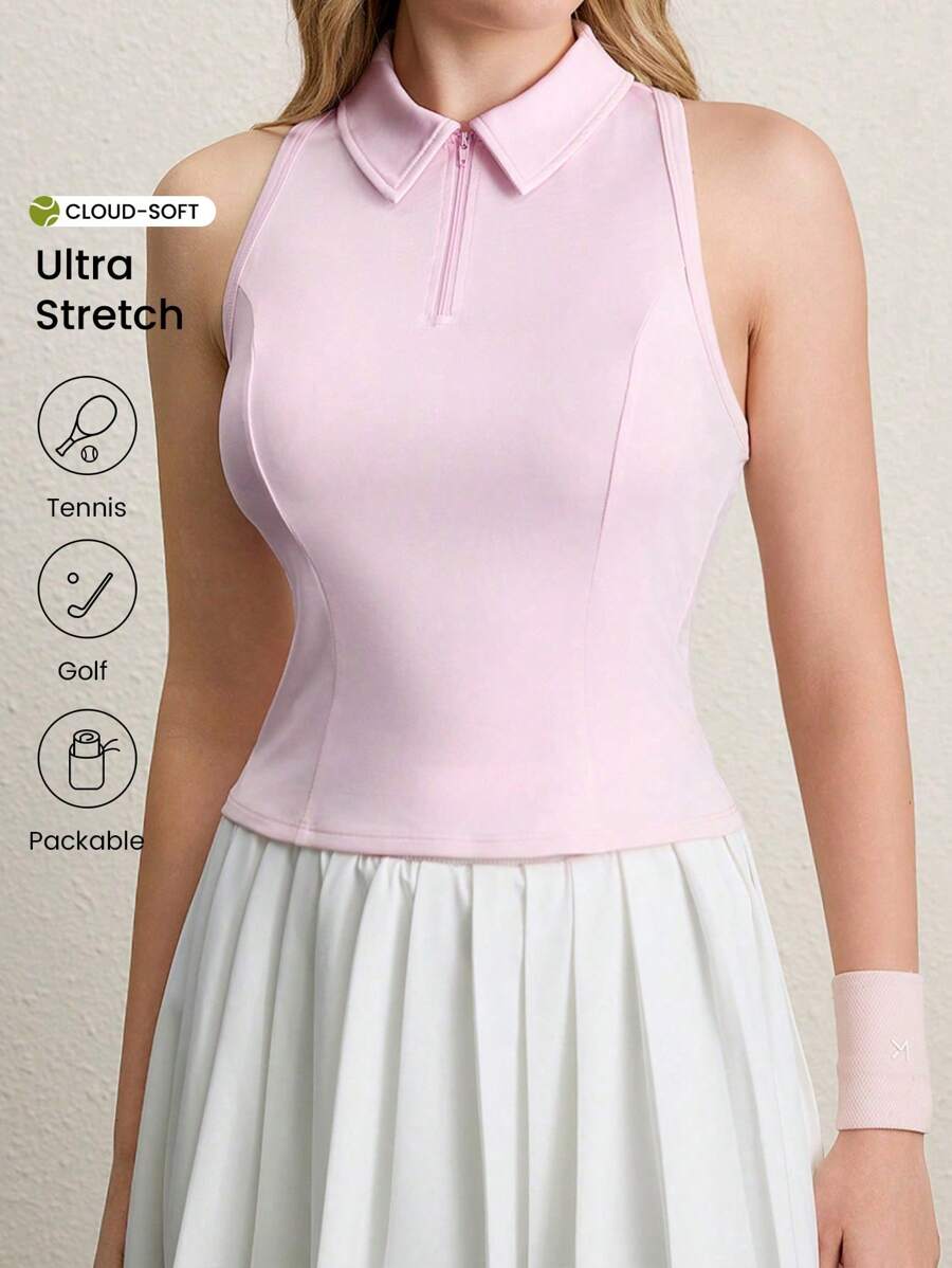 CourtClass Polo de malla sin mangas con cremallera frontal, liso, para yoga y gimnasio, de mujer