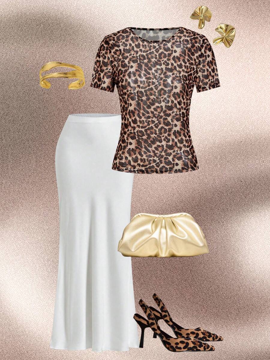 Ellevyn Elegante camicetta da donna sexy con stampa leopardo in in rete, manica regolare, colletto alto, vestibilità slim, stampa all-over, leopardato, motivo texture, abbigliamento casual da ufficio, abbigliamento vacanze, abbigliamento spiaggia, abbigliamento resort