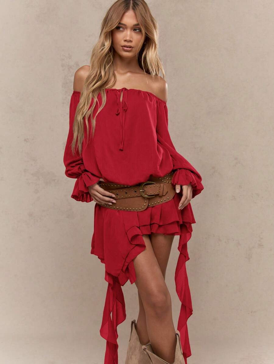 MISSGUIDED Asymmetric Ruffle Long Balloon Sleeves Bardot Mini Dress Cute Sundress