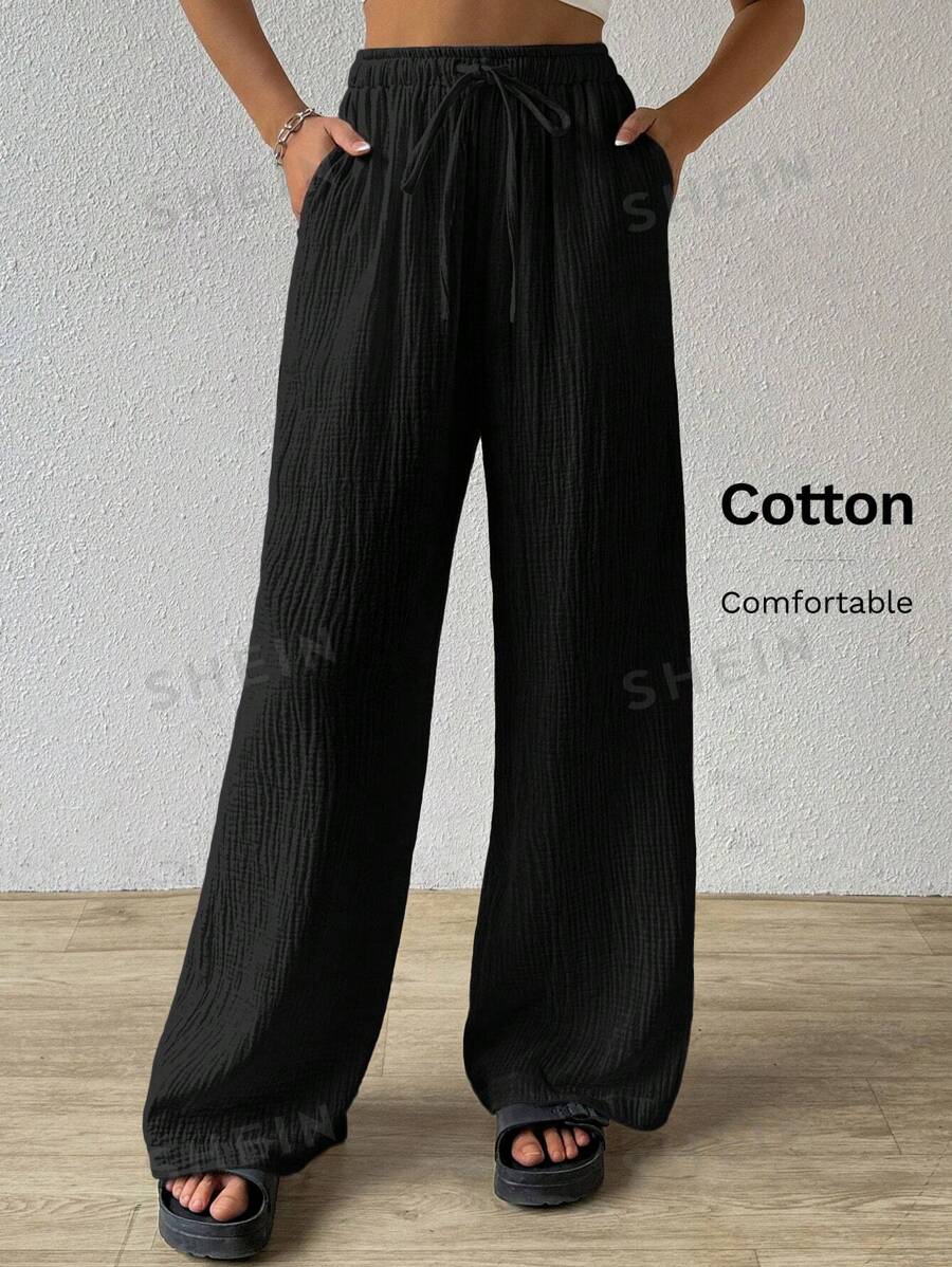SHEIN EZwear Pantaloni largi cu picioare largi, cu țesătură șifonată texturată și talie cu șnur