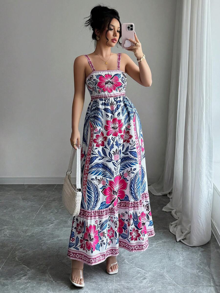 Elenzga Vestito casual senza maniche da donna con stampa floreale, adatto per vacanze e uso quotidiano