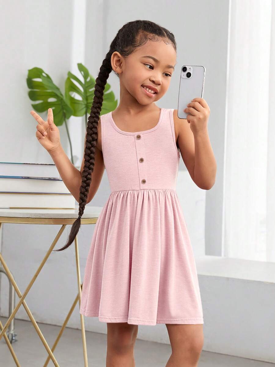 SHEIN Vestido sin mangas de punto de unicolor para uso casual diario de niñas, para primavera y verano