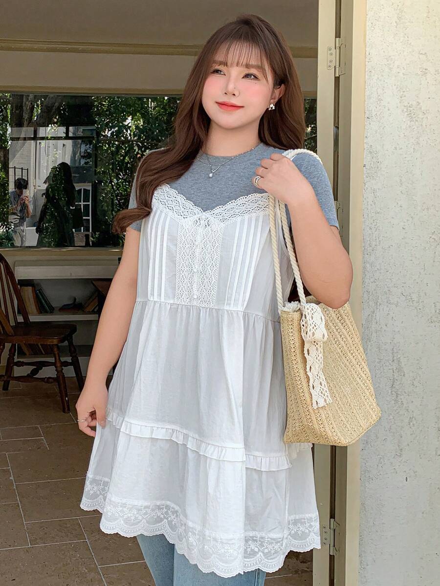 Dazy Plus Contrast Lace A-Line Long Casual Summer Tank Tops & Cami For Teen Girls,Ruffle