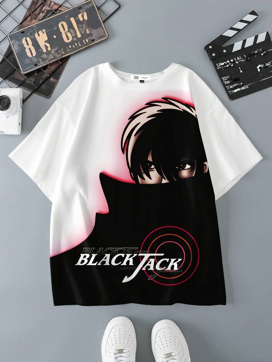 Black Jack X SHEIN Men's Portrait & Letter Print Round Neck Short Sleeve T-Shirt, Suitable For Summer