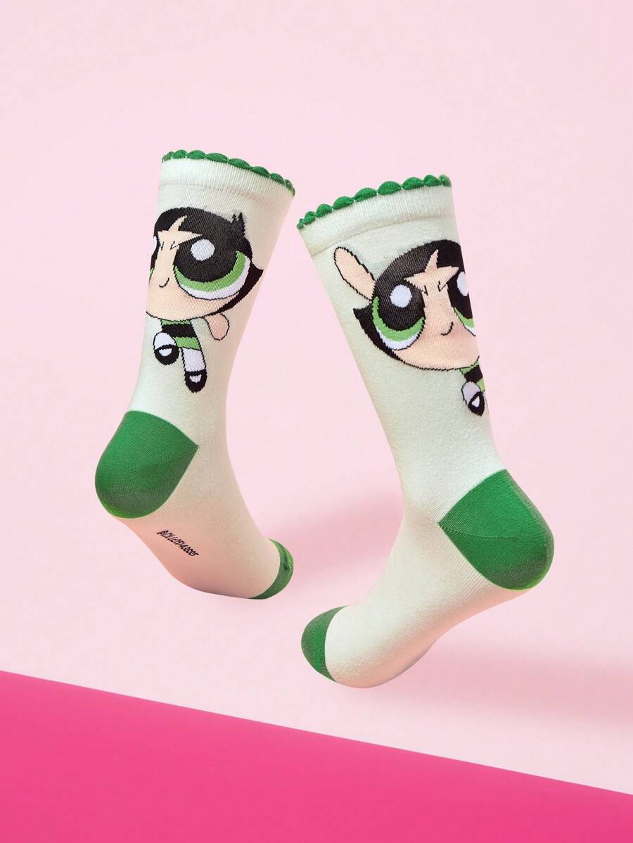 THE POWERPUFF GIRLS X SHEIN 1 Paar Damen Socken mit Butterblumen Muster in Kontrastfarbe