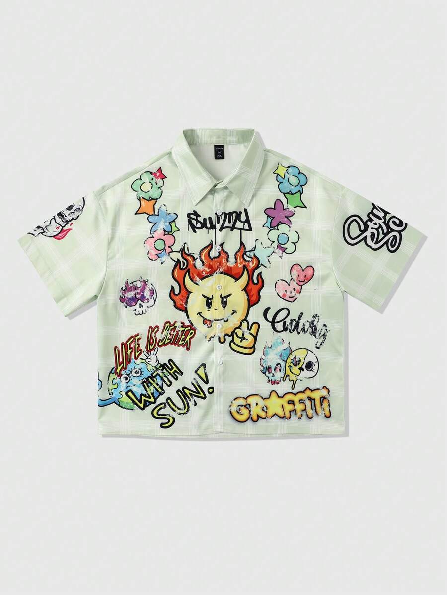 ROMWE MEN Street Life Camisa de manga corta casual con estampado de grafiti para hombres, de verano