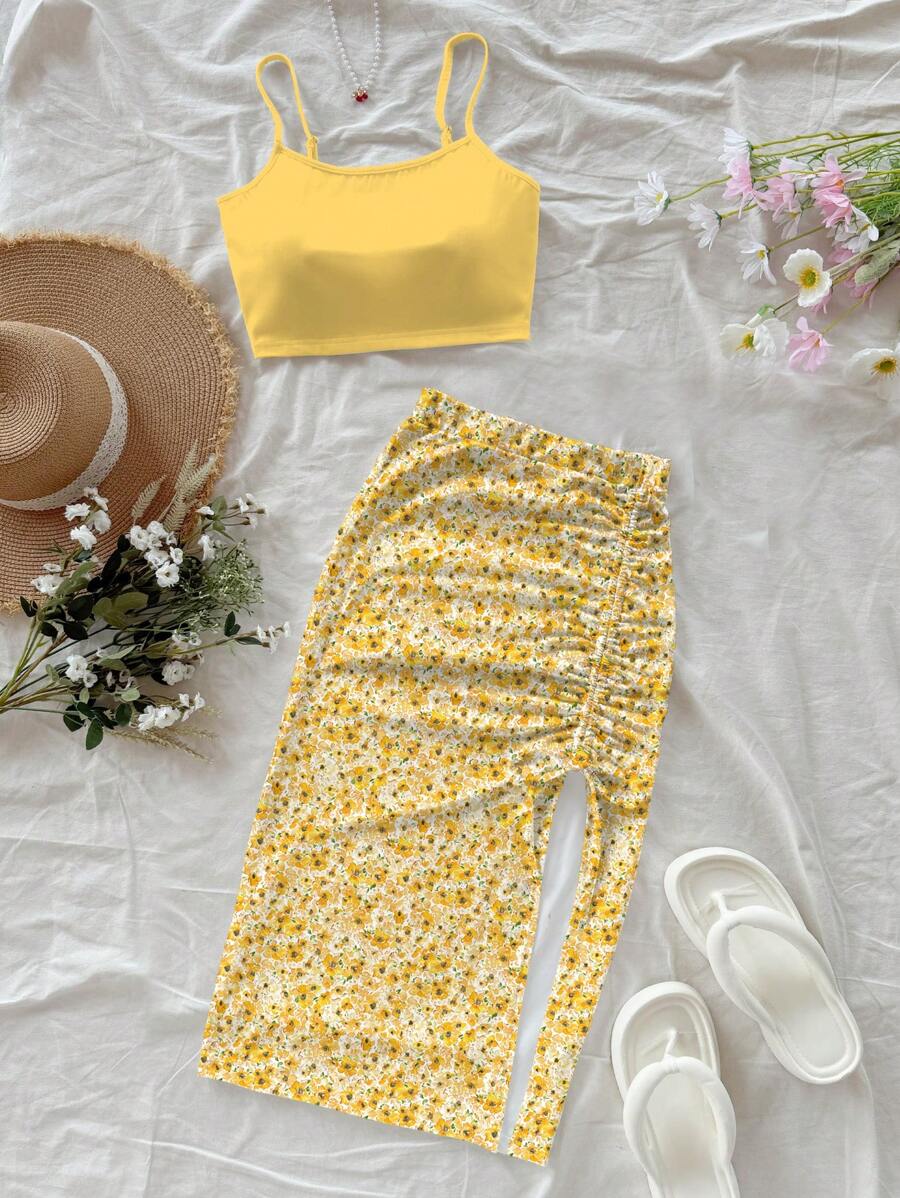 Soleia Set de 2 piezas Top de tirantes de unicolor y falda para mujer