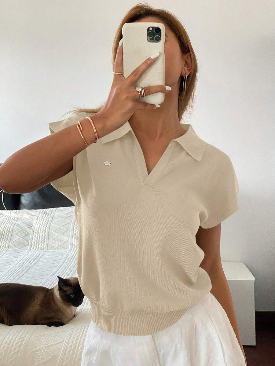 Livesso Women Solid Color Close-Fitting Knit Polo Collar Pullover, Casual For Commuting, Spring/Summer