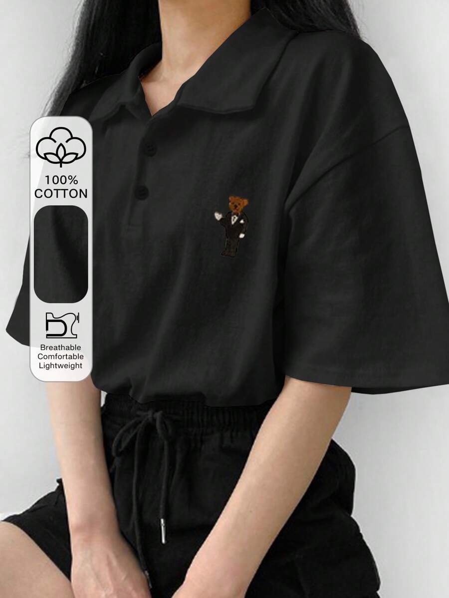 DAZY Summer Casual Loose Bear Printed Drop Shoulder Polo Collar T-Shirt
