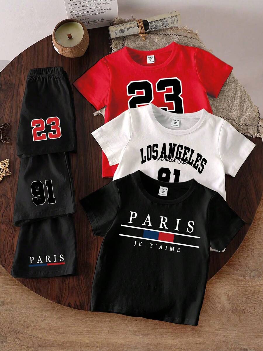 6pcs/Set Toddler Boys' Fashionable Versatile Casual Letter Print Round Neck Short Sleeve T-Shirt And Shorts Set, Suitable For Spring/Summer