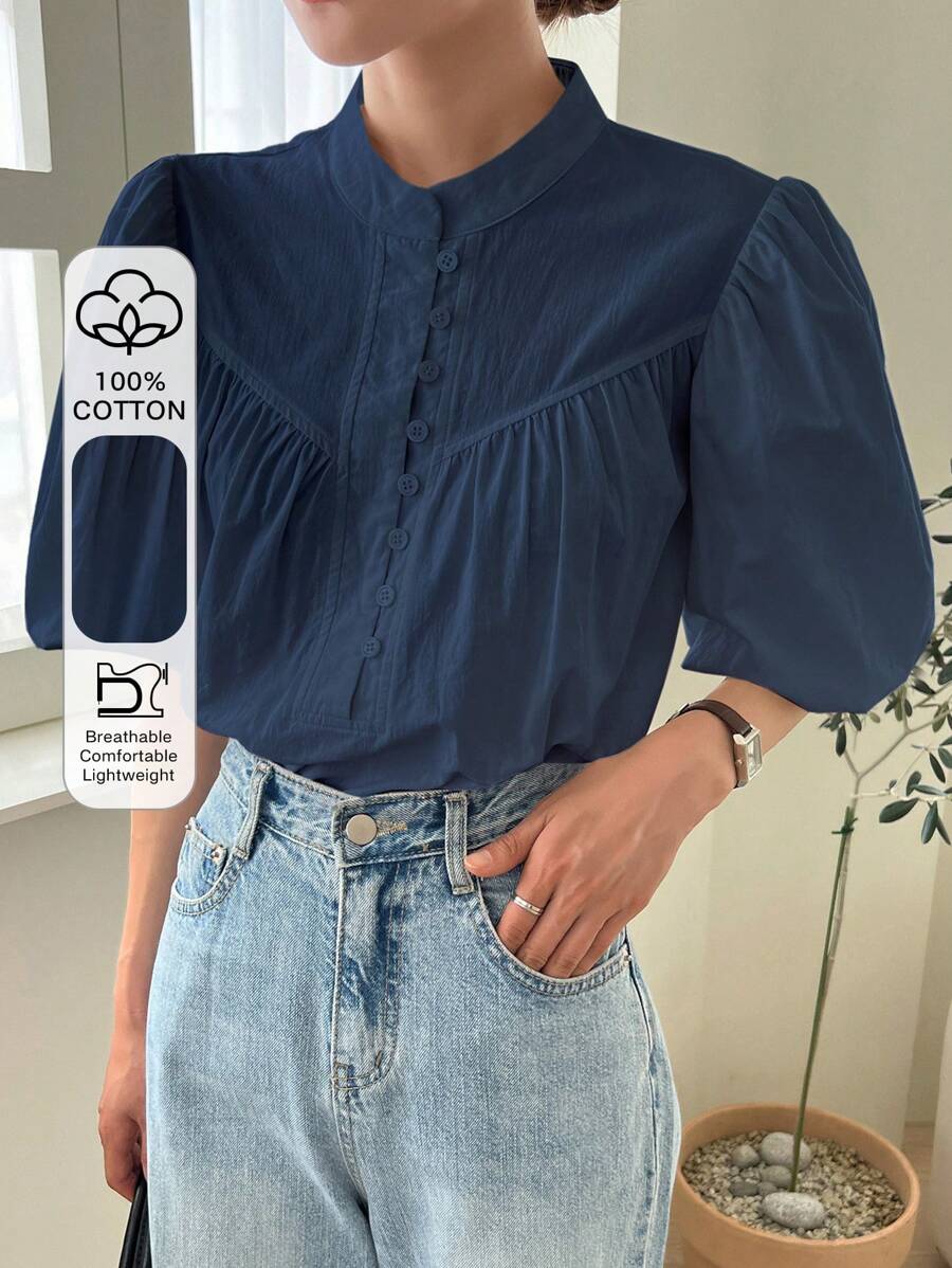 DAZY Frühling/Sommer Stehkragen locker sitzend Puffärmel Freizeitbluse mit Falten