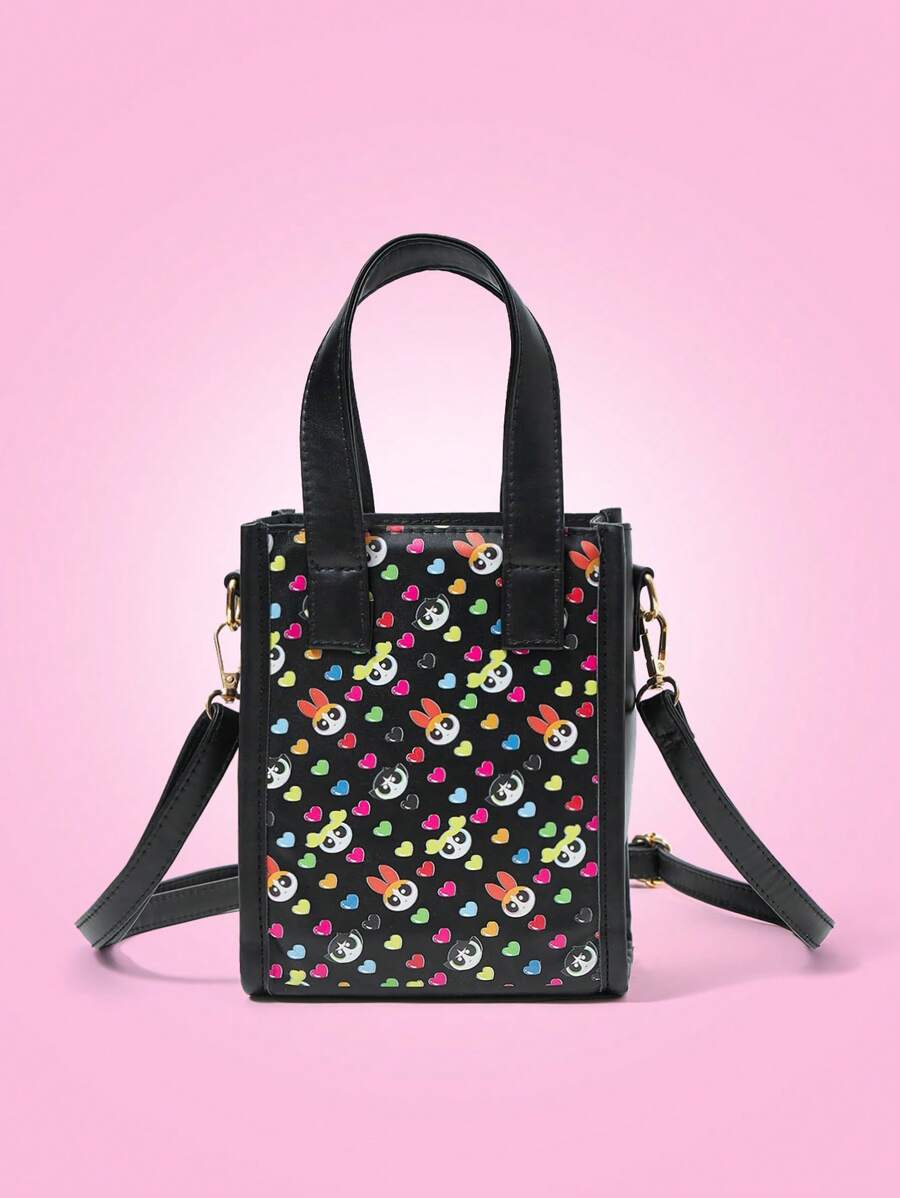 THE POWERPUFF GIRLS X SHEIN حقيبة يد وحقيبة كتف مع طبعات الزهور والفقاعات والزنبق للسيدات والأطفال