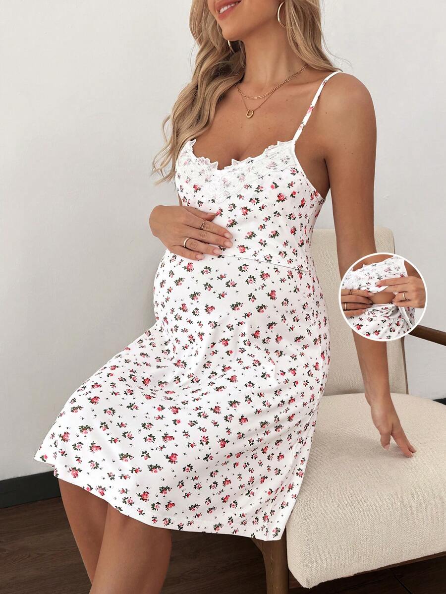 SHEIN Vestido de maternidad con estampado floral pequeño y encaje de contraste para lactancia