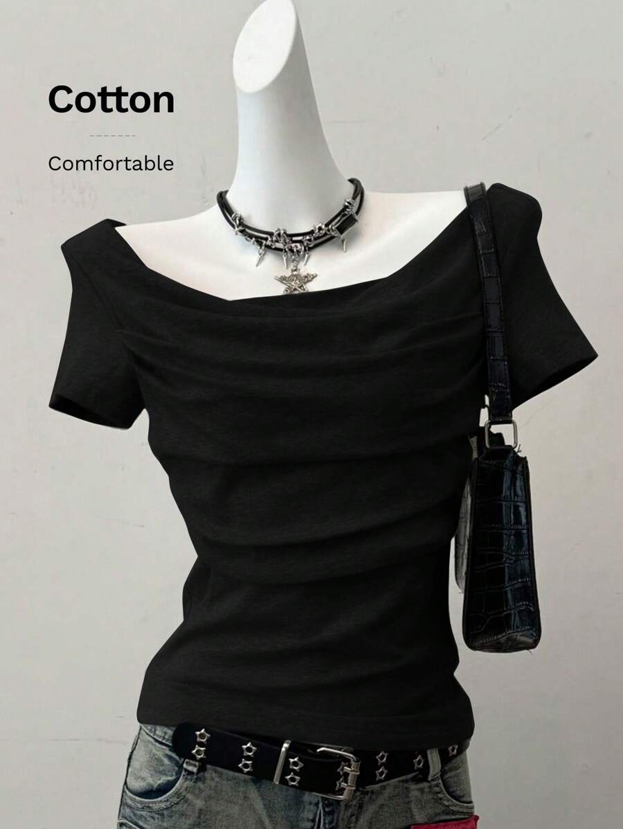 SHEIN EZwear Summer Western Wear Women Tops Black Knit Women's Fitted Short Sleeve One Shoulder,Rave Top