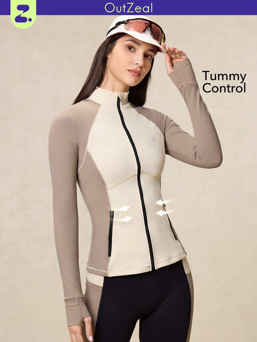 OutZeal Sweat Wicking Breathable Tight Fit Color Blocking Secure Pockets Yoga Jacket Workout Jacket