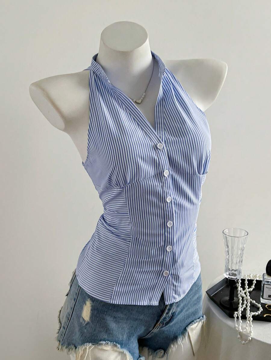 Elamini Women's Casual Slim Fit Blue And White Striped Collarless Sleeveless Blouse