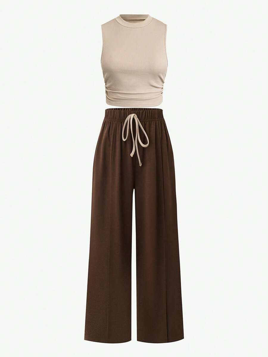 Calvaya 2 pezzi Set di donna casual di taglia grande con top a costine color albicocca con colletto alto e arricciature e pantaloni slim fit color marrone