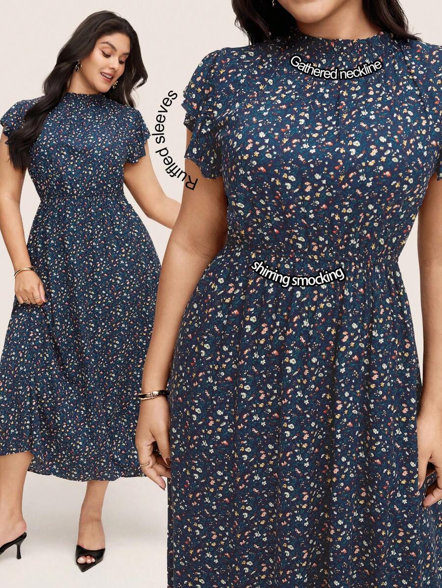 SHEIN LUNE SHEINLUNE Vestido midi de manga corta con estampado floral diminuto para mujer talla grande