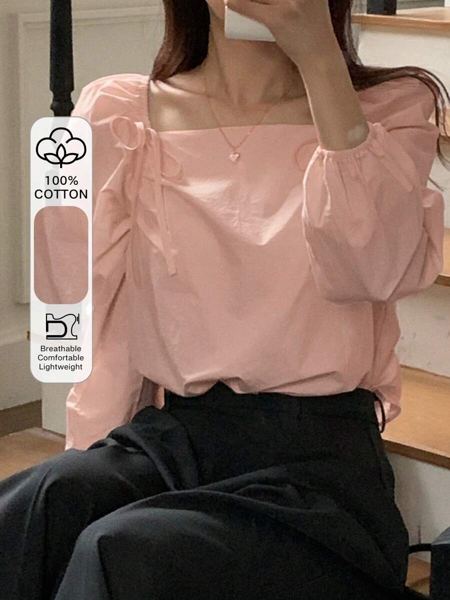 DAZY Blusa ajustada con cuello cuadrado y lazo delantero, top rosa para primavera/verano, con volantes, ropa de otoño