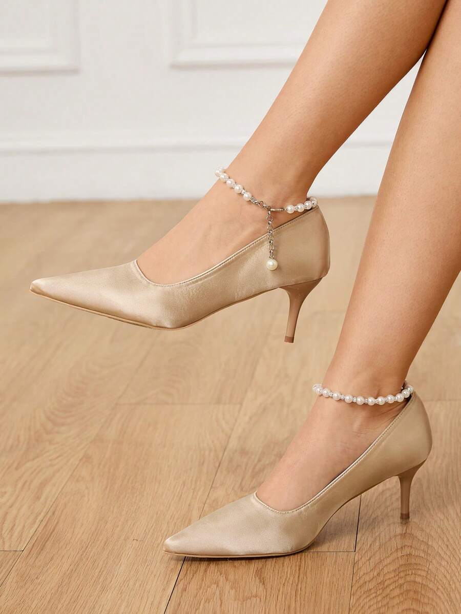CUCCOO HITCHD Zomer Nieuwe Damesschoenen Parel & Strass Hanger Ketting Enkelbandje Puntige Teen Stiletto Kitten Heels, Elegante Intellectuele Klassieke Romantische Glamour Elegante Champagne Gouden Satijnen Bruidsjurk Bruiloft Feestjurk Pumps