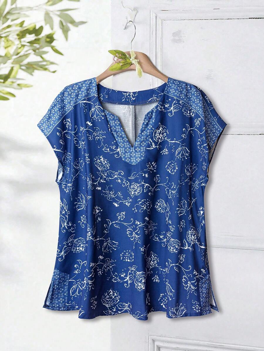 EMERY ROSE Plus Size Raglan Sleeves Combination Pattern Positioning Print Hem Split Design Notch V Neck Women's Tunic Shirt Country Casual Holiday Bohemian Suitable For Spring And Summer Loose Fit