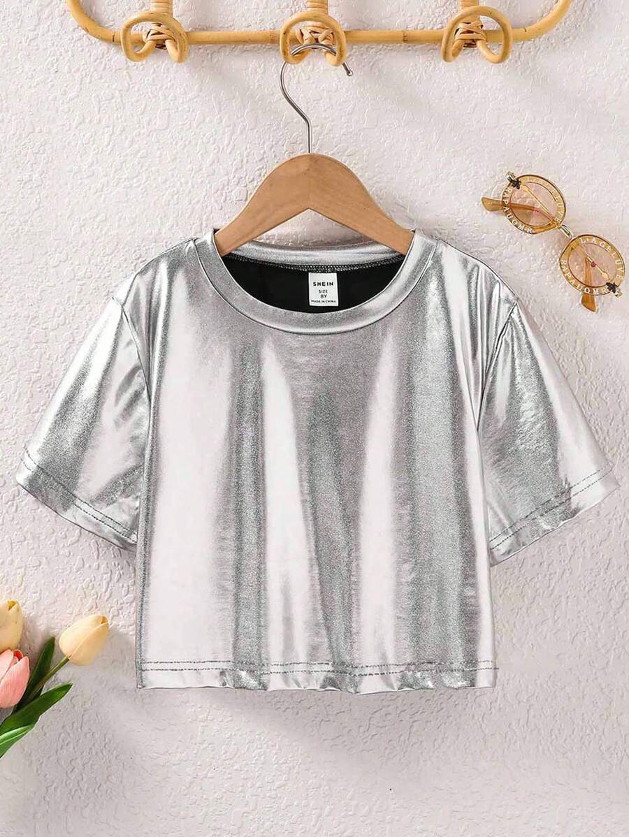 SHEIN Tween Girls' Fashionable Metallic Short Sleeve T-Shirt, Summer