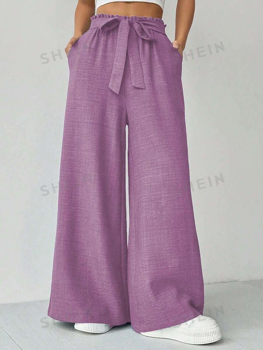 Zielony Pantalones casuales anchos y sueltos con cintura de corbata de unicolor para mujeres