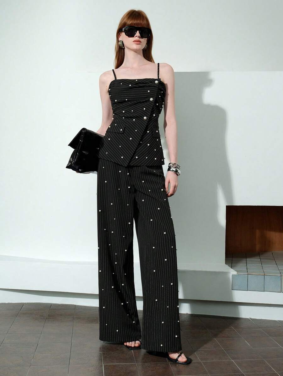 Arave Pantaloni a gamba larga da donna, di colore unito con decorazioni in finta perla, di moda per l'estate, set da 2 pezzi, pantaloni, casual business per donna
