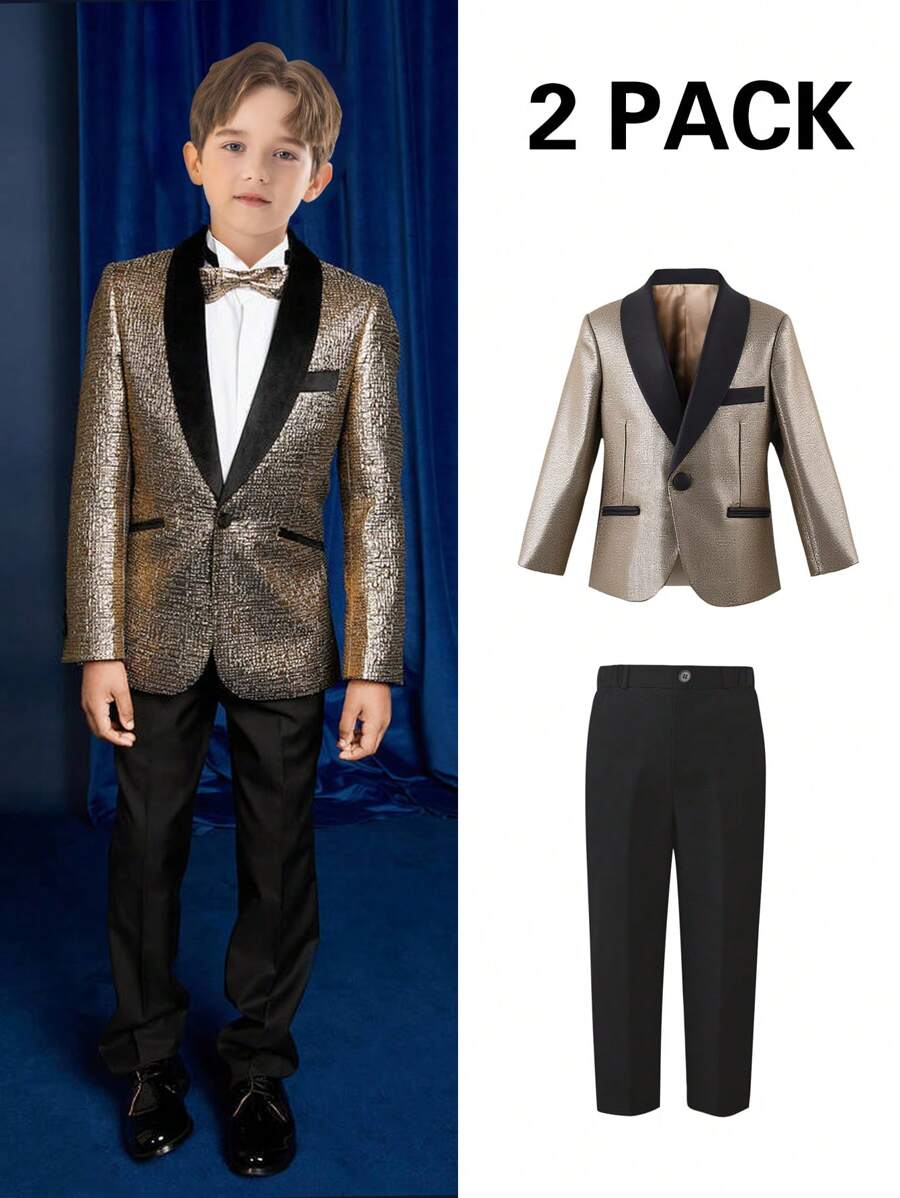 SHEIN 2 piezas Conjunto de traje de caballero encantador para niños, que incluye chaqueta de cuello alto de color brillante y pantalones negros elegantes, adecuado para celebraciones, actuaciones en el escenario, ceremonias de premiación y eventos como bodas, invitados de bodas, paje, y portador de anillos