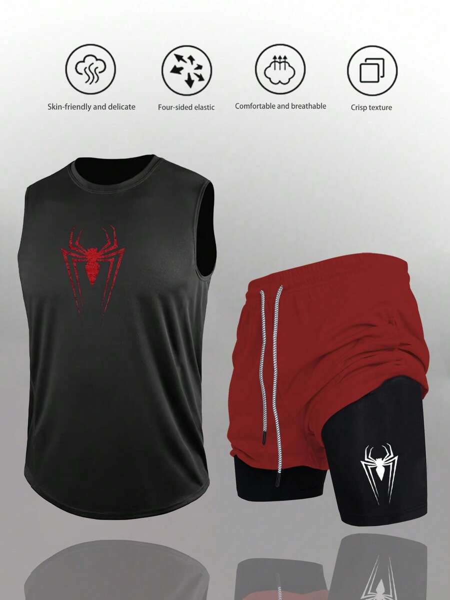 Manfinity Sport PWRUP Men's Spider Print Crew Neck Tank Top And Drawstring Waist Double Layer Shorts Sports Suit Workout Clothes Running Sets