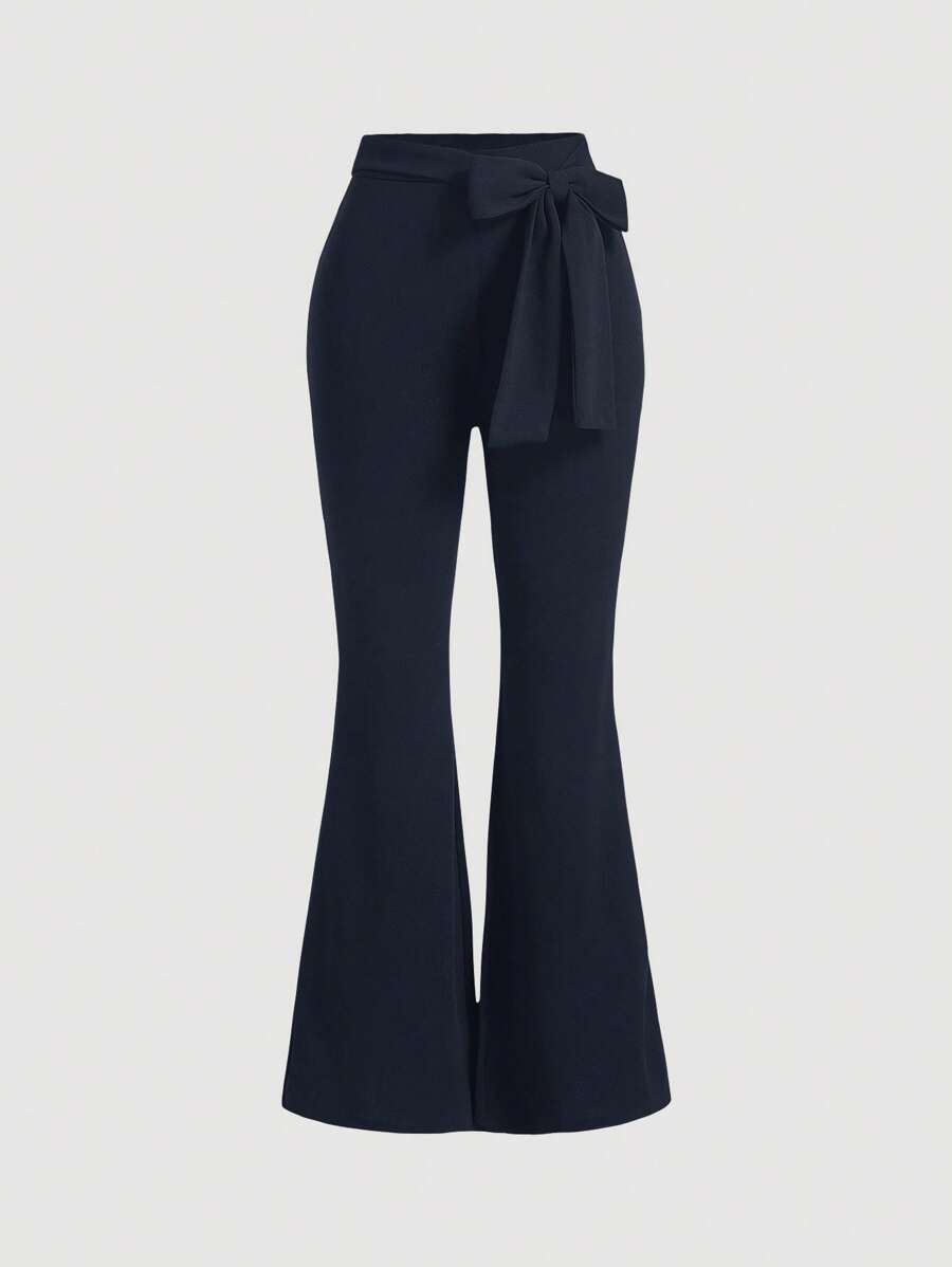 SHEIN MOD Pantalones acampanados de mujer con moño en la cintura en azul marino, casuales para el verano