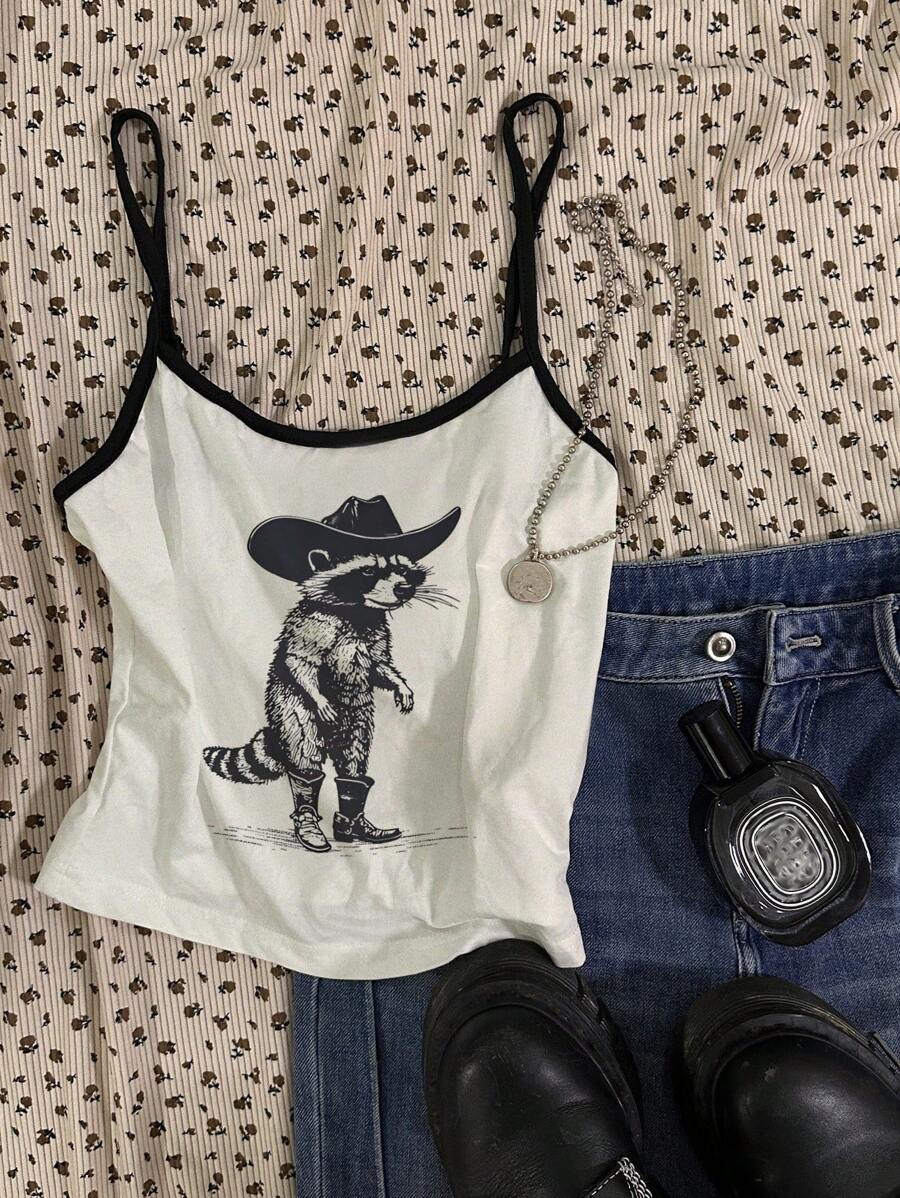 Attitoon Women Casual Sexy Racerback Slim Fit Black & White Contrast Camisole, Suitable For Summer, Raccoon Print, Cowgirl