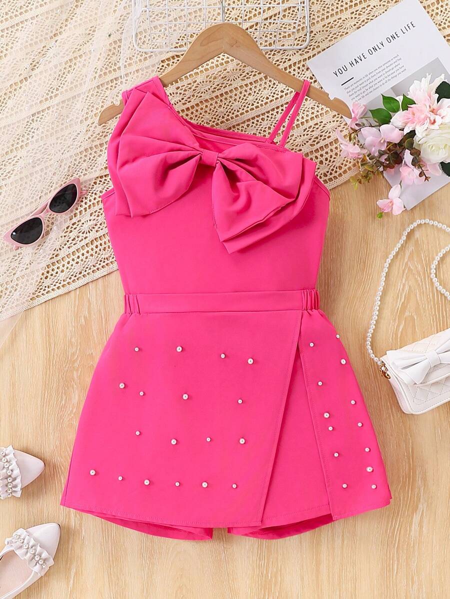 Elegantes 2 Stücke Set für große Mädchen mit Top mit großer Schleife und Skort mit Perlenverzierung, Rosa