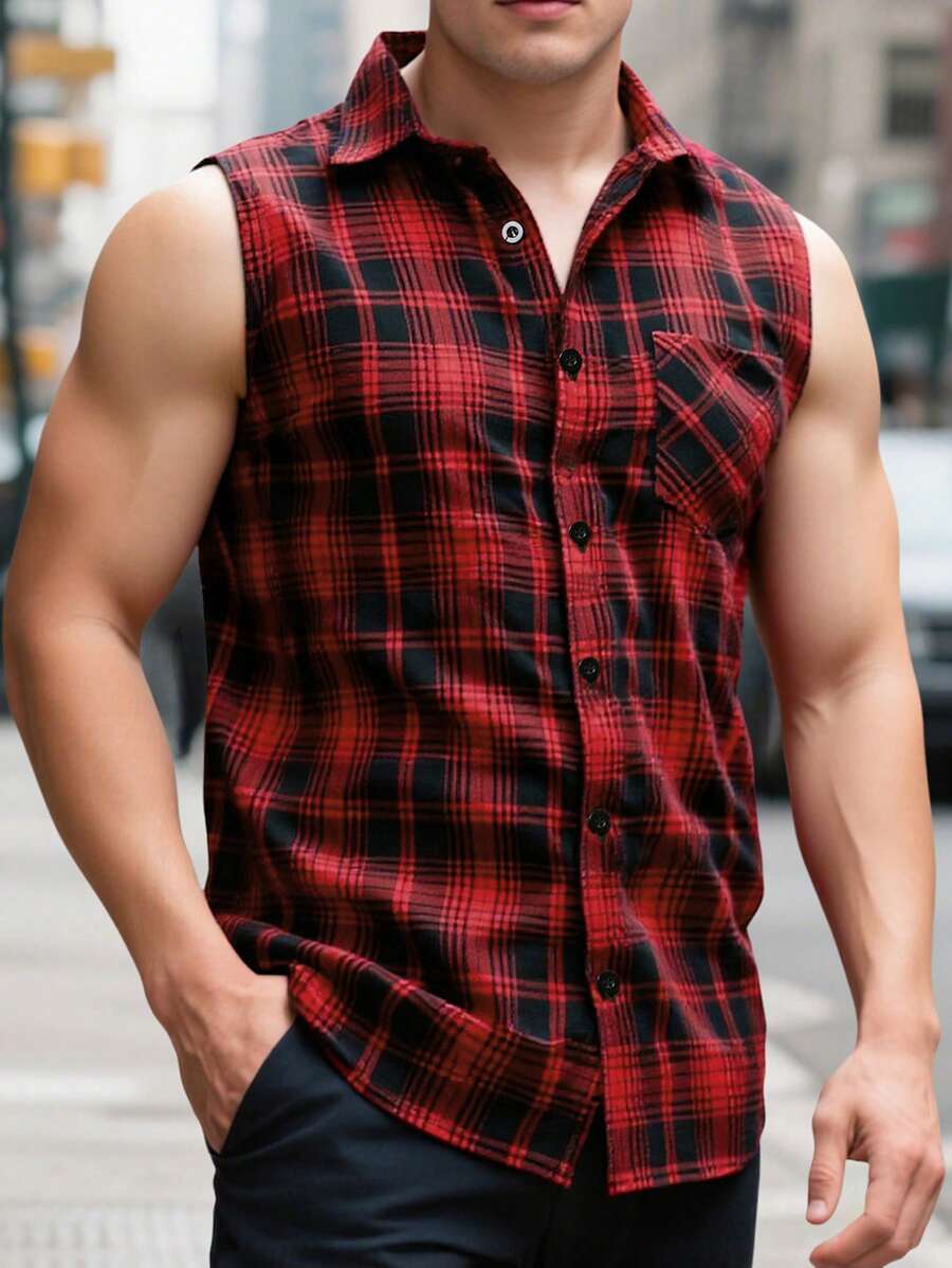 Manfinity Homme Men's Plaid Single Breasted Pocket Casual Sleeveless Shirt Men Sleeveless Shirts Shirts For Men Men Shirts Men Sleeveless Shirts Sleeveless Men Shirt Nice Shirts For Men