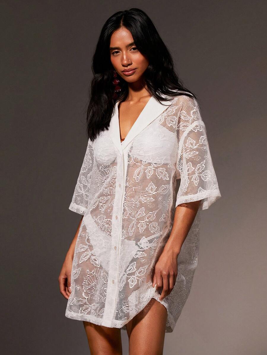 Athîral Camicia/blusa da donna ampia e trasparente, a spalle scoperte, a bottoni singoli, con taglio botanico