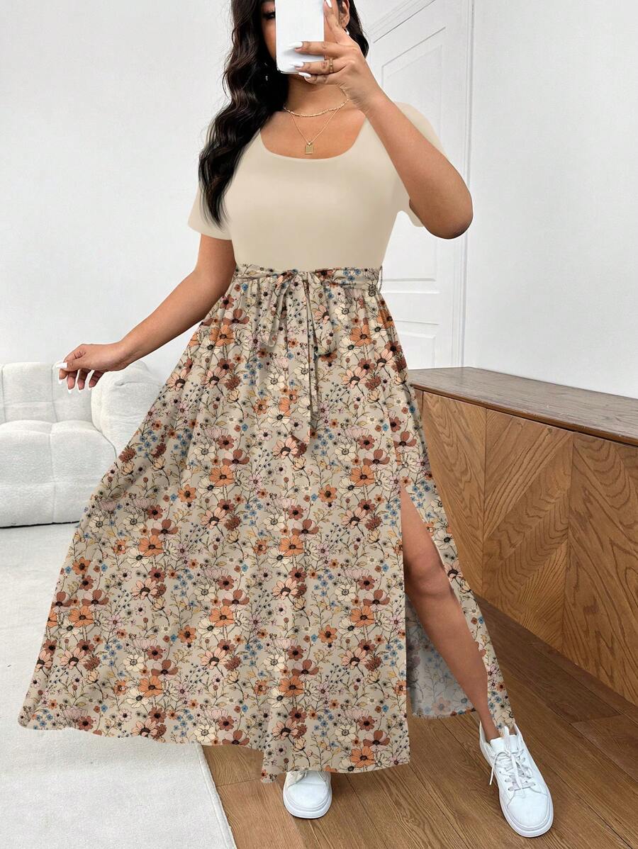SHEIN Frenchy Vestido estampado floral bohemio de talla grande con mangas cortas y escote cuadrado para un look veraniego elegante
