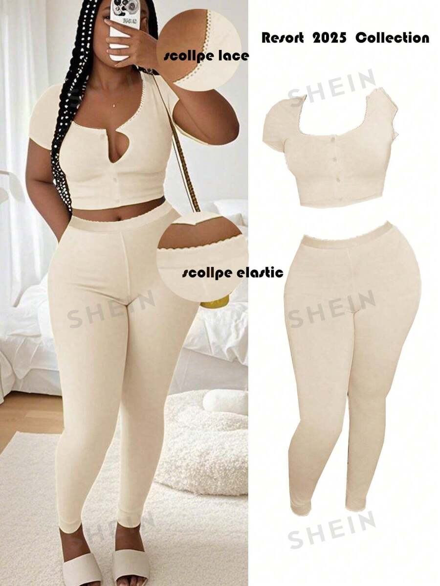 Slaydiva Nuevo conjunto de dos piezas para mujer: camiseta deportiva básica de cuello en U de manga corta con botones y pantalón deportivo slim con puños elásticos en el diseño, en estilo amarillo de punto primavera/verano