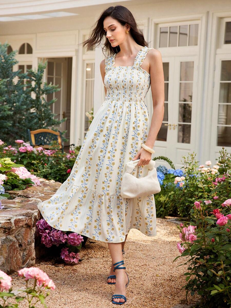 Chiquease Vestito midi con stampa floreale senza maniche, con volant, stile casual da resort per le donne