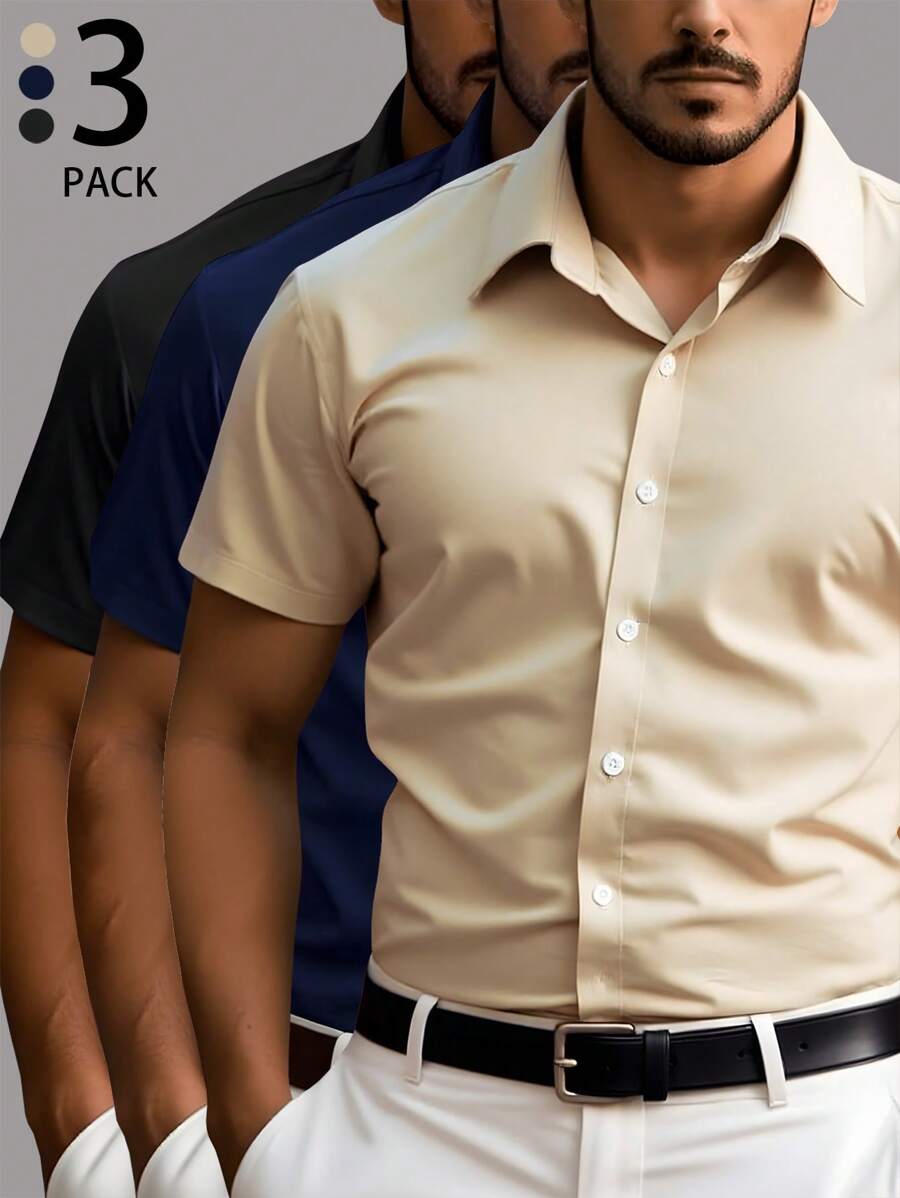 Manfinity Mode A Combination Of Three Shirts, Men's Short-Sleeved Lapel Solid Color Casual Summer Tops, Suitable As Gifts For Friends And Boyfriends.